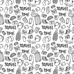 vector doodle illustration, black line seamless pattern on white background - a set of items for travel, tourism with the inscription travel time. For packaging, wallpaper, web design