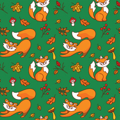 Playful fox in the autumn forest. Seamless pattern. Kid print . Vector.