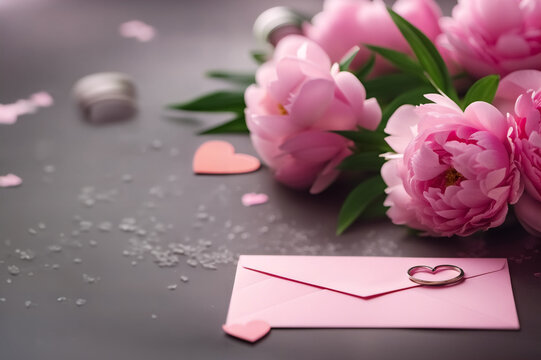 Bouquet di peonie rosa su tavola, busta con cuori e anello d'oro