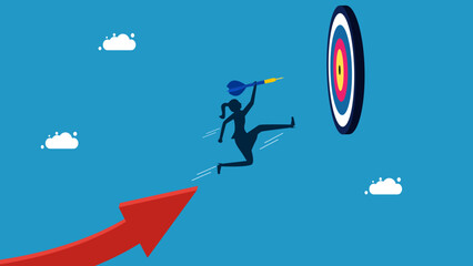 Achieve business objectives. woman holding a dart jumping towards the target. vector