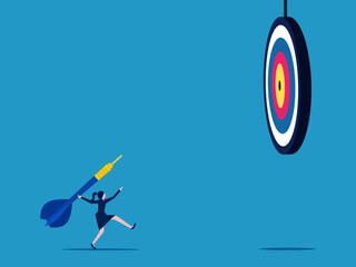 Achievement or precision towards a goal. Businesswoman throwing darts aiming at target board. vector
