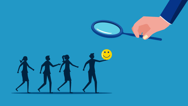 Recruit people who are positive. Businessman using a magnifying glass to select kind hearted job candidates. vector