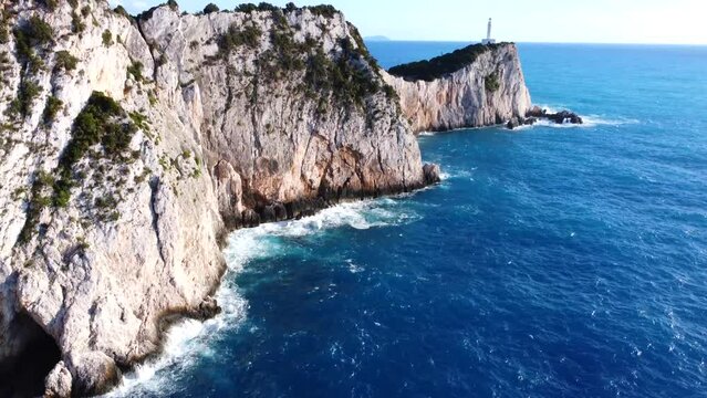 Aerial drone view of the Lighthouse or Cabo Ducato Lefkas in the southern area of the island of Lefkada. Greece.
