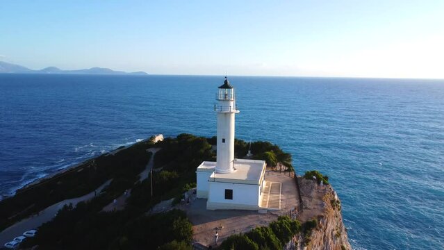 Aerial drone view of the Lighthouse or Cabo Ducato Lefkas in the southern area of the island of Lefkada. Greece.