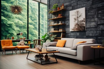 The cozy living room interior features modern furnishings, a natural atmosphere with large mirrors and views of the plants outside.