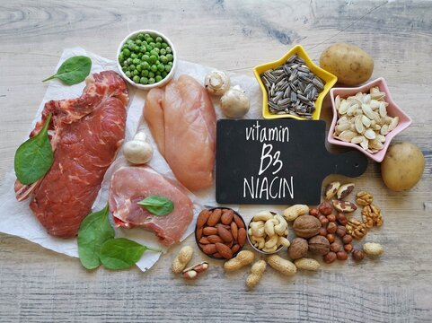Healthy food rich in vitamin B3 (niacin). Natural food sources of vitamin B3: seeds,nuts, meat, legumes, mushroom, potatoes, peanuts. Healthy diet eating.