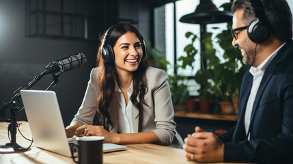 Business woman interviewed for a podcast. Podcaster making audio podcast from studio.

Generative AI