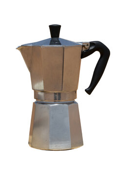 isolated Moka pot against white or transparent background with its polished metallic surface, the essence of traditional coffee-making