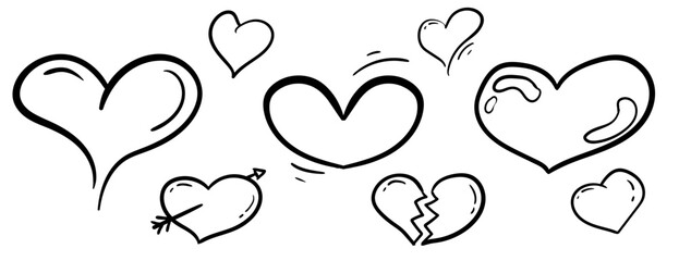 hand drawn heart shapes. love symbol in comic style. vector illustration