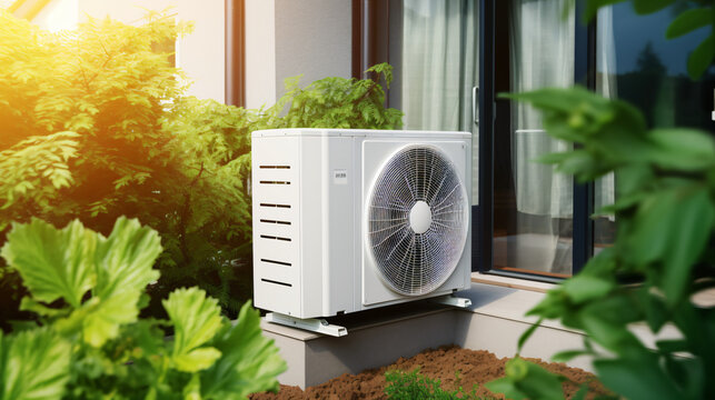Air source heat pump installed in a residential building, providing sustainable and clean energy for a modern home background.

Generative AI