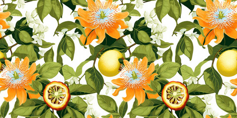 Seamless pattern of oval passion fruits and curled leaves. Concept: Exotic fruit grove elements.