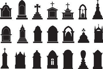 Set of tombstone silhouettes. Tombstone icons set. Flat black vector design.