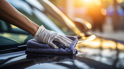 A man cleaning / wiping down a car using a microfiber cloth in a close-up view, illustrating the concept of car detailing or valeting. Modern car wash background.

Generative AI - obrazy, fototapety, plakaty