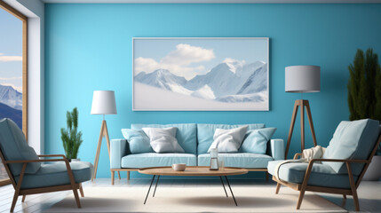 modern living room with a modern light blue sofa and blue wall. Modern painting on the wall