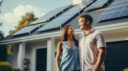 A happy couple stands grinning in the driveway of a spacious home equipped with solar panels, against a modern background. Real estate new home concept.

Generative AI