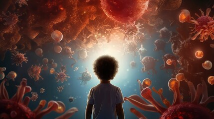 curly kid looking away surrounded and haunted by virus and bacteria, Generative AI