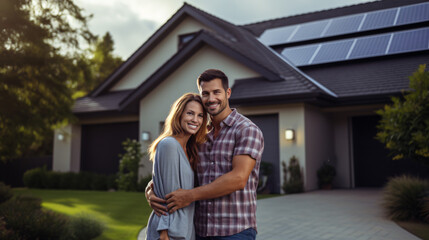A happy couple stands grinning in the driveway of a spacious home equipped with solar panels, against a modern background. Real estate new home concept.

Generative AI