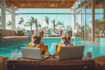 Two French Bulldogs in a meeting in the office.