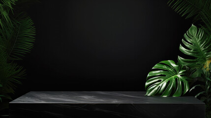 Empty black Stone tabletop and Tropical Leaves, black product background, Beauty cosmetic natural product spring, mockup of empty shelf, kitchen, montage product display or design key visual layout