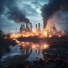 Factory at night, exhaust fumes, smog. Power plant at night in dark colors, street lights, dirt.
