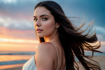 Naklejka premium Model girl with a beautiful figure, brunette with long hair in a white dress on the beach at sunrise