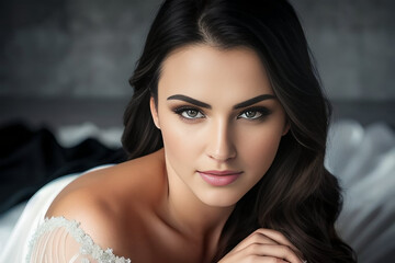 A model girl with a beautiful figure, a brunette with long hair in a white and silver dress