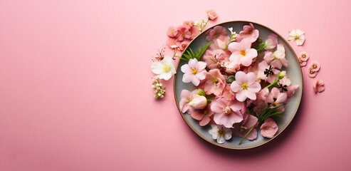 Plate with flowers. The concept of vegan, vegetarian and healthy food. Concept for Women's Day, Valentine's Day and romantic anniversaries. Japanese cuisine concept. Copy space. Banner. Generative AI