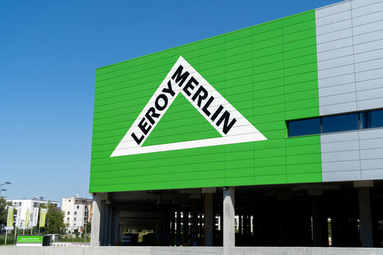 Leroy Merlin shop, signboard with brand logo sign. French retail company, multinational home improvement and gardening retailer store on August 12, 2023 in Krakow, Poland.