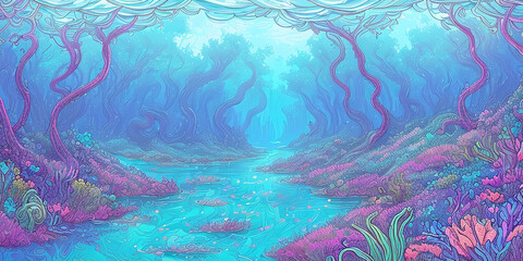 Fototapeta na wymiar Underwater landscape. Aquatic background. Digital illustration. Generative AI.