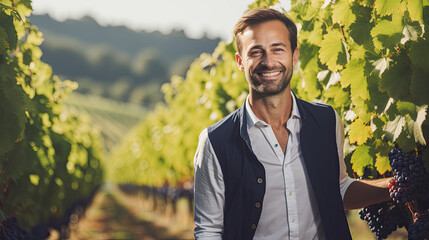 Generative AI, young male viticulturist stands against the backdrop of a green vineyard, winemaking, oenology, oenologist, taster, farmer, grape varieties, rural landscape