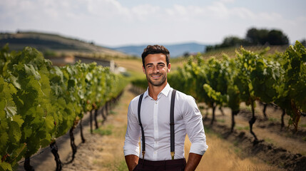 Generative AI, young male viticulturist stands against the backdrop of a green vineyard, winemaking, oenology, oenologist, taster, farmer, grape varieties, rural landscape