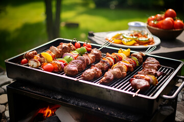 meat on barbecue grill at bbq party in summer garden. Food, people and family time concept, generative AI