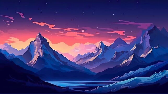 Snow Peaks And Glaciers On The Dark Sky Landscape Illustration. 