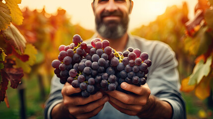 Obraz premium Generative AI, wine grower stands against the backdrop of a green vineyard and holds a vine of ripe grapes, winemaking, oenology, oenologist, taster, farmer, grape varieties, rural landscape, berries