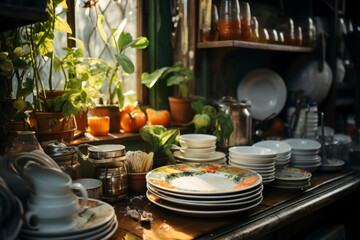 A mess in the kitchen, dirty dishes on the table, scattered things, unsanitary conditions. kitchen is untidy, everyday life