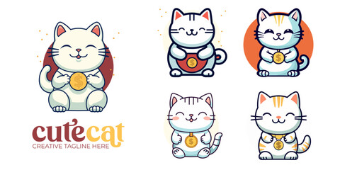 Vector Wonders Await: Lucky Cat Maneki Neko Coin Cat Illustration Set for Logo, Icon, Design, Poster, Flyer. Unleash the Power of Vector