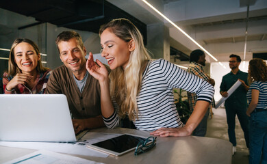 Collaborative process of multicultural skilled people during brainstorming meeting in office