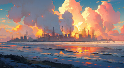Fototapeta premium Smoky nuclear power plant. global warming. energy crisis. Fossil fuel investment decline illustration