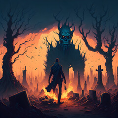 Fototapeta premium Zombie walking in the burnt cemetery with burning sky