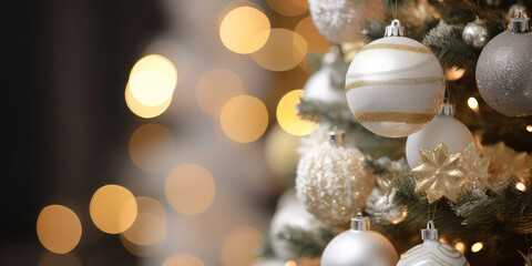 Close up of view decorated christmas tree, lights, bokeh, decoration in the cozy home apartment. Blurred Xmas holidays background. Christmas and New  year card. Generative ai.