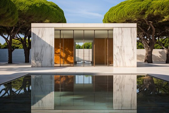 Iconic Barcelona Pavilion Designed by Mies Van Der Rohe for the 1929 World Expo - Cement & Concrete Building with Chairs against City Background