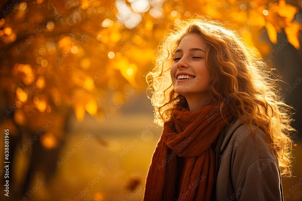 Wall mural Girl Hugging Herself in Admiration of Nature's Beauty on a Beautiful Autumn Day with a Heartwarming Smile and Backlight