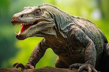 Komodo Dragon Close Up Portrait. Aggressive Carnivorous Animal with Razor-Sharp Claws Crawling and Sniffing for Prey in Natural Habitat of Rinca Island, Indonesia