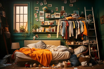 Fototapeta premium Children's plastic building blocks scattered on the floor in the room. The room is in disarray. Rtx, text place, happy childhood. Cozy house with comfortable atmosphere. Child development