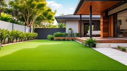 Contemporary Lawn Turf with Wooden Edging in Front Yard of Modern Australian House. Artificial Grass with Clean Design and Boundary Decoration - obrazy, fototapety, plakaty