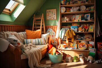 Children's plastic building blocks scattered on the floor in the room. The room is in disarray. Rtx, text place, happy childhood. Cozy house with comfortable atmosphere. Child development