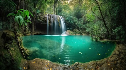 Naklejka premium A picturesque lake encircled by rocks, featuring light turquoise and dark green hues, ethereal trees, incredibly beautiful, and meticulously detailed foliage. Generated AI.