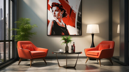 modern living room with luxurious chairs, modern abstract painting, two stylish chairs in a stylish hip setting. The background is feathered in a pastel green trendy color.