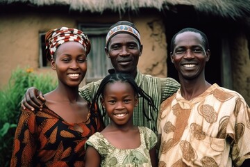 black family, portrait and girl with parents by a happy home together in africa - obrazy, fototapety, plakaty