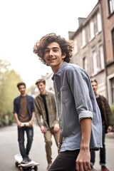 Obraz premium shot of a young man riding his skateboard with friends in the background